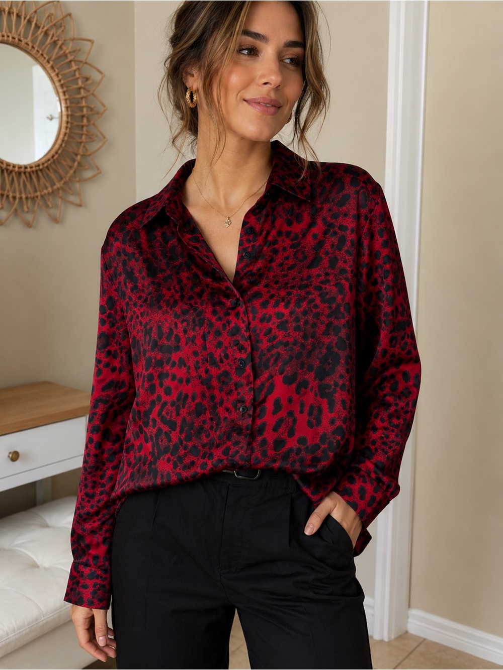 Nasty Gal Red and Black Animal Print Button-Down Shirt